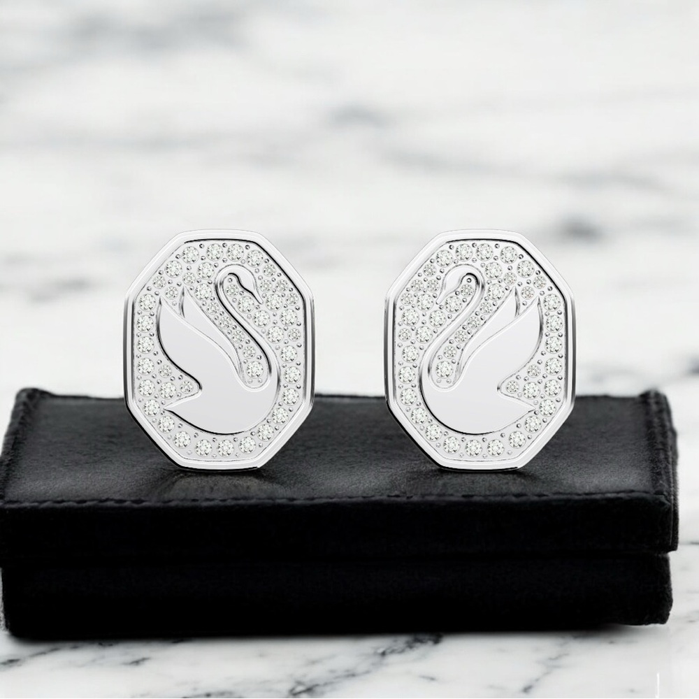 Swarovski Signum Swan Rhodium Plated White Crystal Stud Earrings-Retail $145